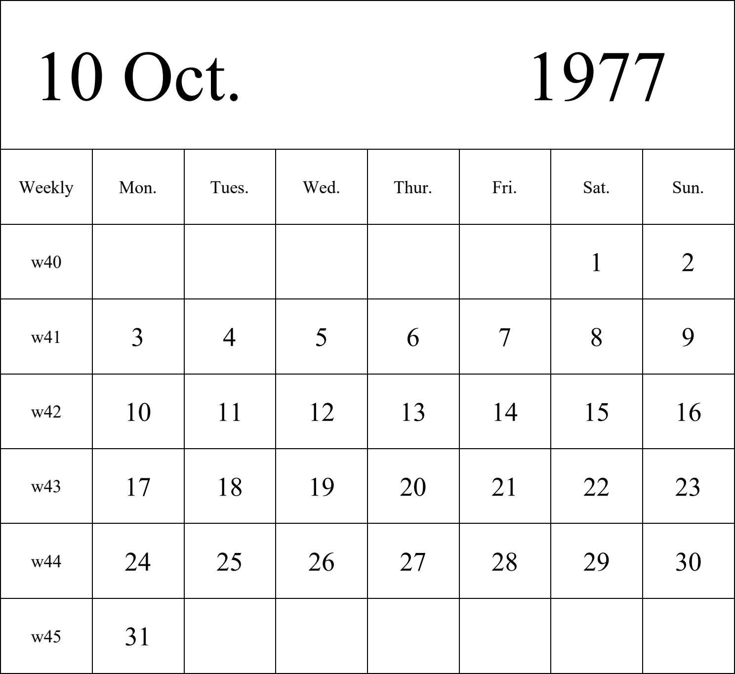 日历表1977年日历 英文版 纵向排版 周一开始 带周数 带节假日调休安排